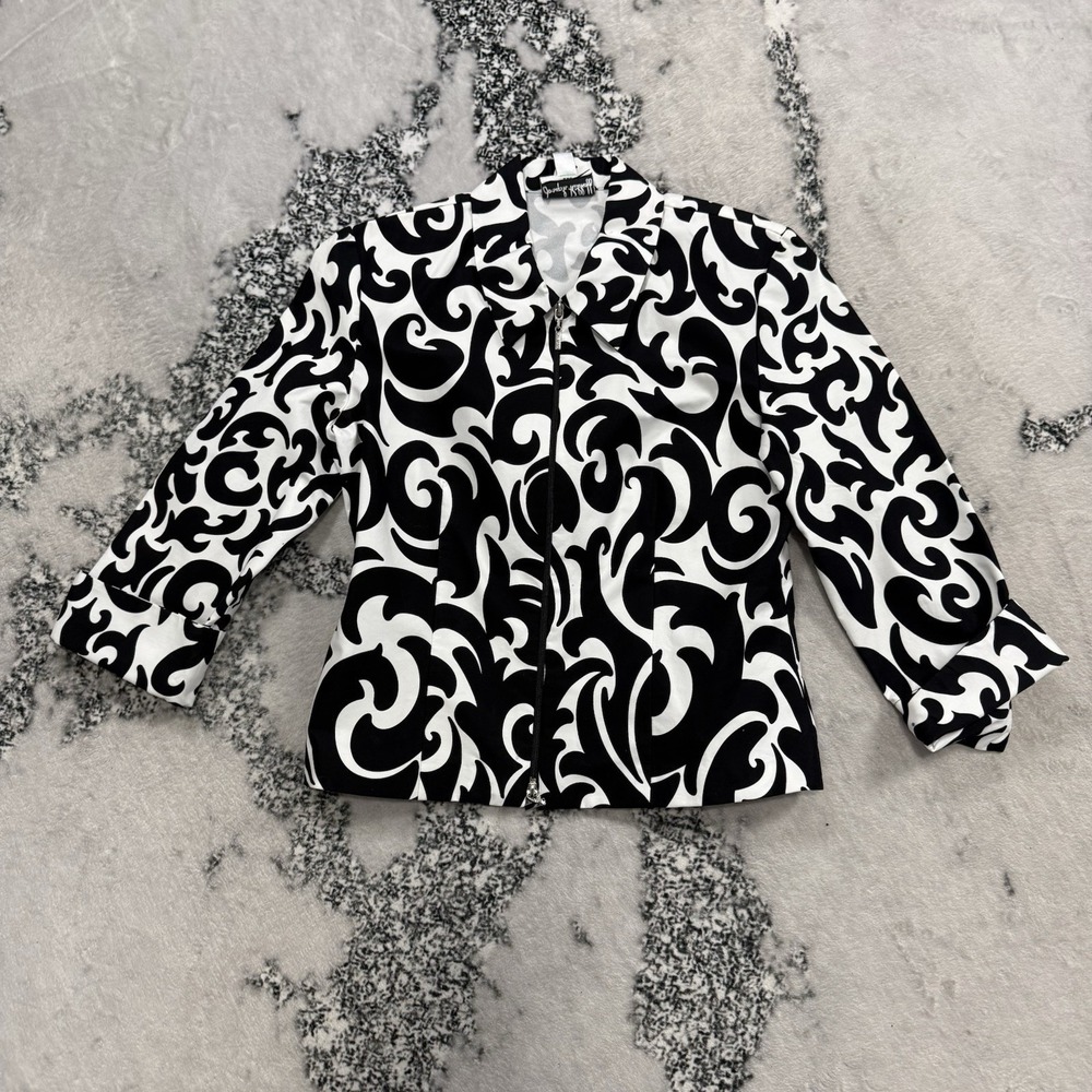 Joseph Ribkoff Abstract Print Jacket Womens 8 Black White Zip Front Made Canada